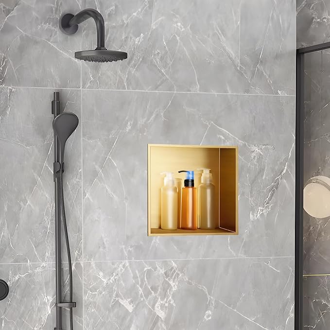 SaniteModar Shower Niche, Stainless Steel Shower Niche No Tile Needed, Recessed for Bathroom Storage (Brushed Gold, 12x12)