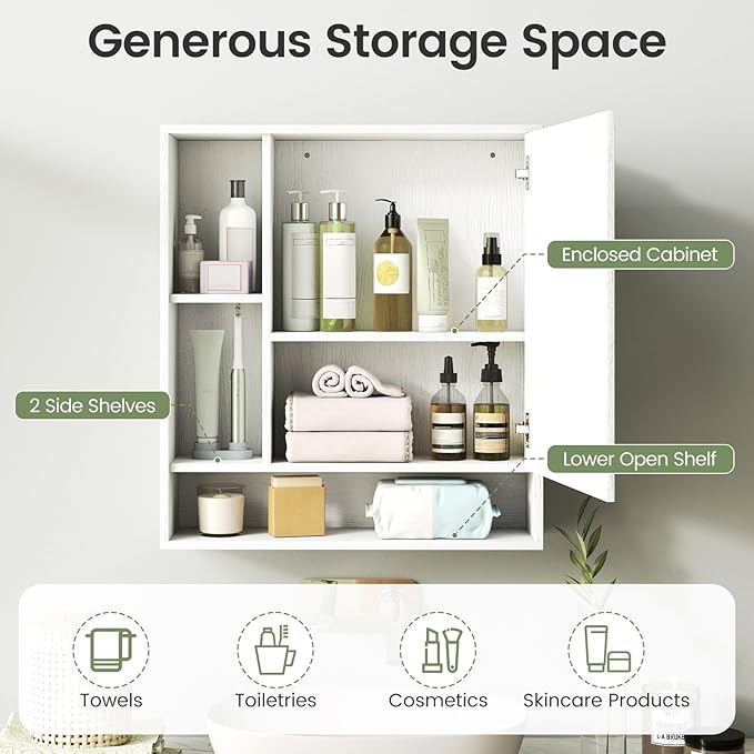 Giantex Bathroom Medicine Cabinet with Mirror, Wall Mounted Medicine Cabinet w/Single Door, 3 Open Shelves & Adjustable Shelf, Space-Saving Hanging Storage Cabinet for Living Room, Hallway (White)