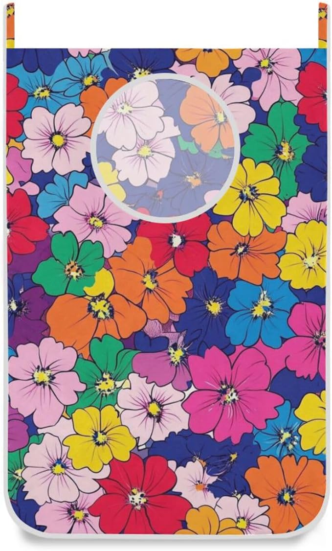 Hanging Laundry Hamper with Stainless Steel Hooks,Oxford Fabric Printing Door Laundry Clothes Bag, 29.5X20inch 1PCS Kawaii Small Hibiscus Flowers