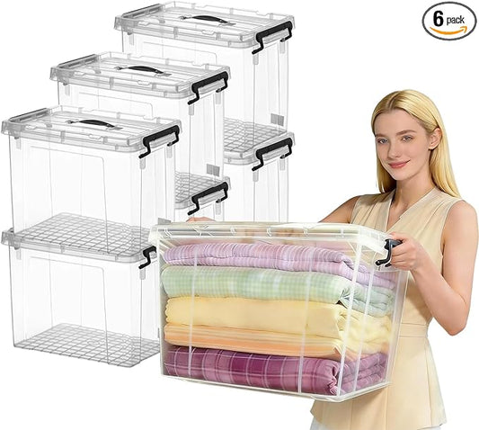 6 Pack 90 Qt Clear Large Storage Bins with Lids, Stackable Plastic Organizer for Home, Office, Garage, BPA-Free, Heavy-Duty, See-Through Containers with Secure Latches & Handles
