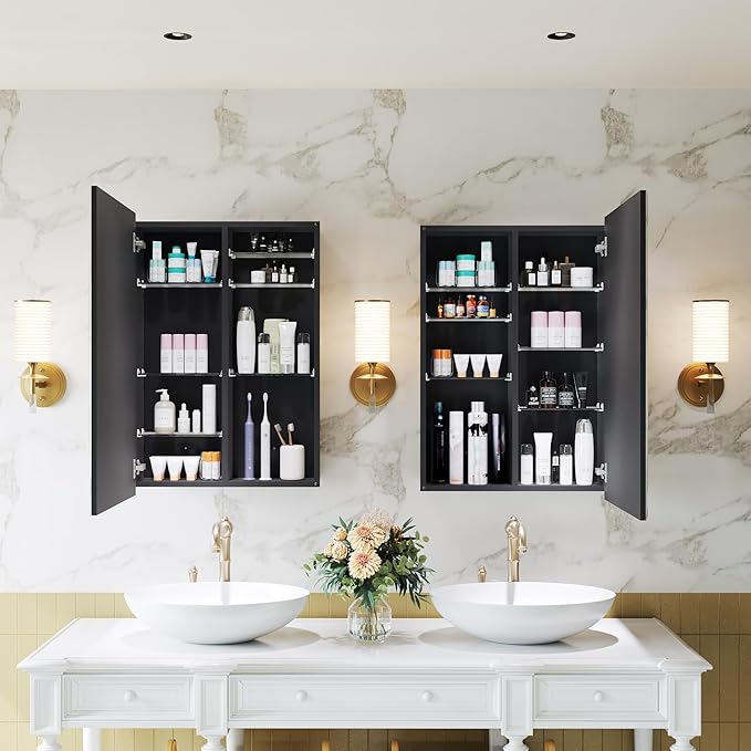 16x24 Medicine Cabinet with Mirror, 6 Adjustable Tempered Glass Shelves, Matte Black Aluminum Bathroom Storage, Soft-Close DTC Hinges, Surface or Recessed Mount, Tempered Beveled Mirror