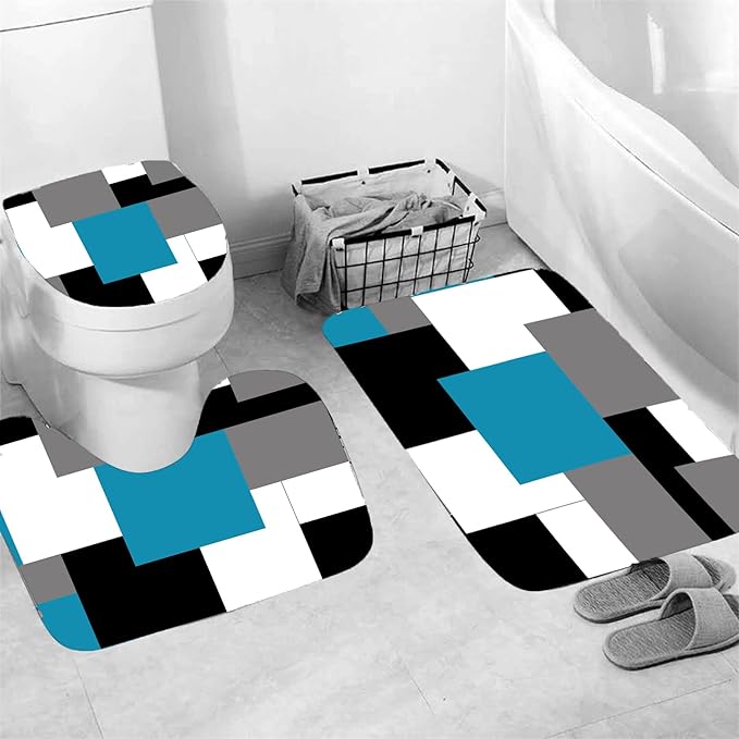 Yizheer 4Pcs Geometric Blue Modern Bathroom Shower Curtain Set with 12 Hooks Bath Mat Toilet Cover U Shaped Mat- PEVA Material, 72x72 Inches, Bathroom Curtain for Bathtub (Blue)