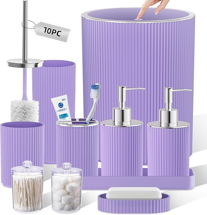 Purple Bathroom Accessories Set, 10PC Bathroom Set, Bath Accessory with Pop Up Trash Can, Soap Dispenser, Toilet Brush, Toothbrush Set Qtip Holders & Tray