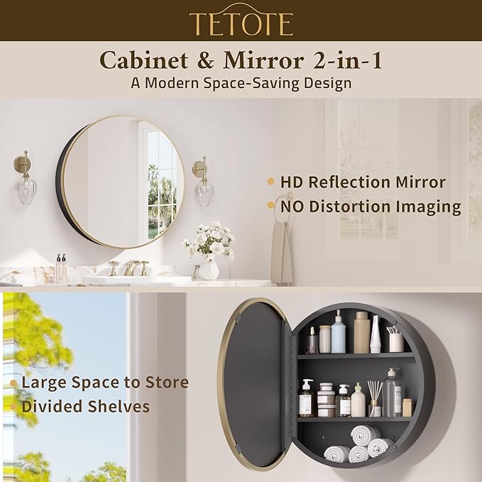 TETOTE Gold Medicine Cabinet with Mirror Round Medicine Cabinets 20 x 20 for Bathroom Modern Bathroom Organizer with Shelves Adjustable Shelves Wall Mounted