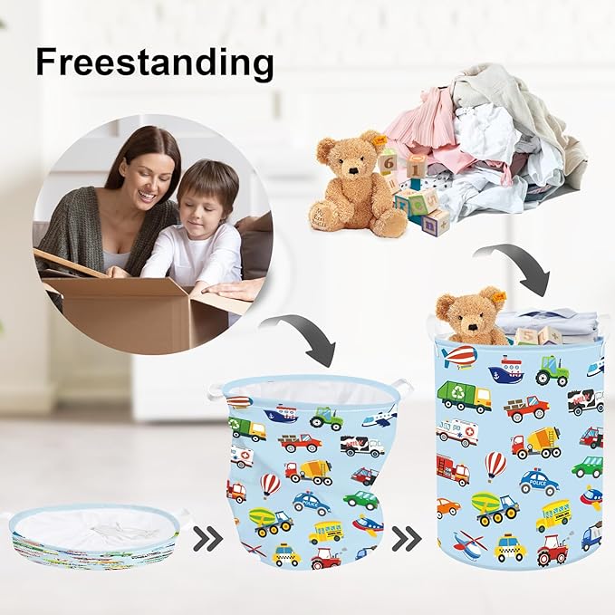 Clastyle Large Construction Truck Kid Laundry Hamper with Handle Boy Bedroom Bathroom Nursery Collapsible Clothes Toy Storage Basket with Lid, Blue, 36x45 cm