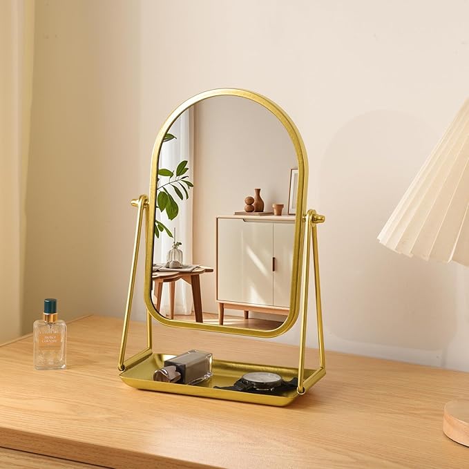 Desk Table Mirror Arch Makeup Vanity Mirror 360°Adjustable Rotation Golden Metal Framed Standing Mirrors with Tray Desktop Cosmetic Mirror for Living Room,Bedroom,Tabletop,Bathroom