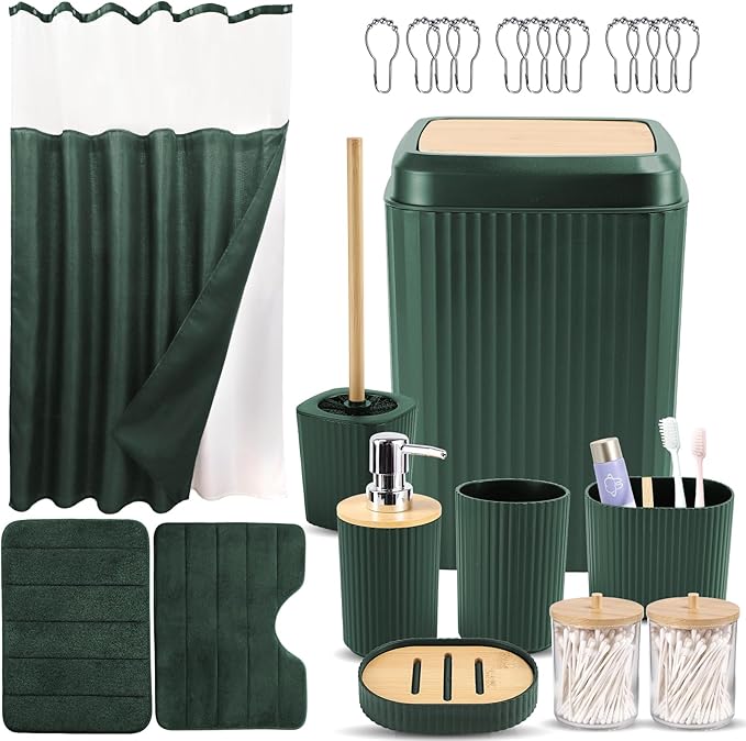 23 Pieces Bathroom Set with Shower Curtain and Rugs, Green Bathroom Accessory Set, Shower Curtain with Liner, Memory Foam Bathroom Rugs, Toilet Brush, Trash Can, Soap Dispenser, Countertop Set