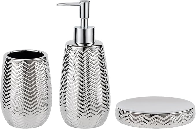 Silver Bathroom Accessories Set 3 Piece, Soap Dispenser, Toothbrush Holder and Soap Dish, Wave Design Stylish Elegant Ceramic Bathroom Decor