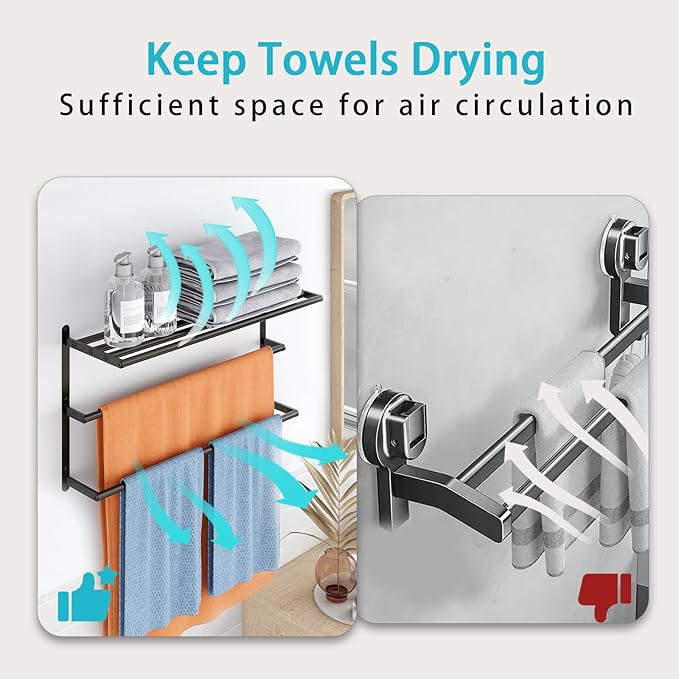 Towel Racks for Bathroom, 24 in Black Towel Shelf with Double Towel Bar, 3 Tier Stainless Steel Towel Storage, Bath Towel Holder Wall Mounted for Lavatory Organizer Decor RV Camping