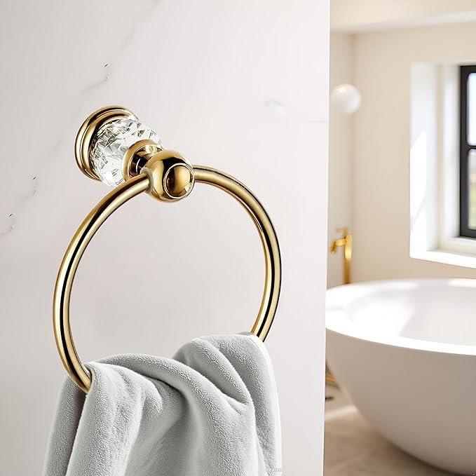 Gold Bathroom Accessories,Crystal Towel Bar Set Adjustable,Polished Brass Toilet Paper Holder Towel Ring Robe Hooks Bathroom Hardware 4 Pieces Wall Mounted