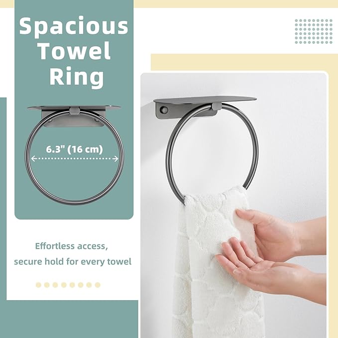 APLusee Gunmetal Gray Towel Ring with Shelf, 304 Stainless Steel Bathroom Towel Holder, Wall Mounted Swivel Loop for Kitchen Shower, Rustproof & Easy to Install