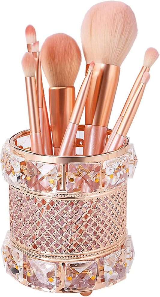Barelove Crystal Makeup Brush Holder Organizer Cosmetics Brushes Storage Cup Handcrafted Pen Pencil Holder Storage Box Container, Valentine's Day Gifts (Gold, Column)