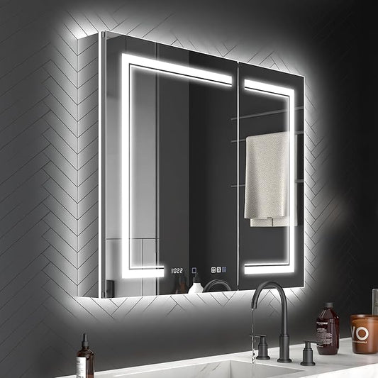 ExBrite 36 x 32 LED Lighted Medicine Cabinet with Mirror, Front & Backlit, Night Light, Clock & Temperature Display, Defog, 5X Magnifier, 3-Color Dimmable LED, Surface or Recessed Mount