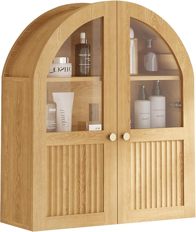 Arched Bathroom Wall Cabinet, 24 x 28 Inch Over The Toilet Storage Cabinet with Glass Door, Fluted, Adjustable Shelf, Wall Mounted Floating Wooden Medicine Cabinets for Bathroom Laundry Room, Natural