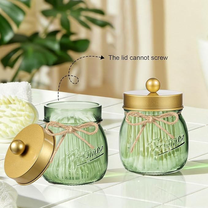 Amolliar Green Bathroom Accessories Set, 4Pcs Mason Jar Glass Bathroom Set, Lotion Soap Dispenser, Toothbrush Holder, 2 Qtip Holders, Rustic Farmhouse Bathroom Decor, Countertop Vanity Organizer, Gold