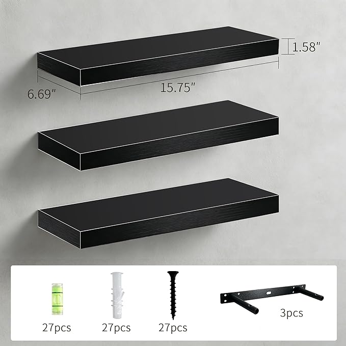 Floating Shelves for Wall, Rustic Wood Shelf for Room Decor/Storage/Display, Small Wall Mounted Hanging Shelves with 20lb Capacity for Bathroom, Living Room, Kitchen (Black)
