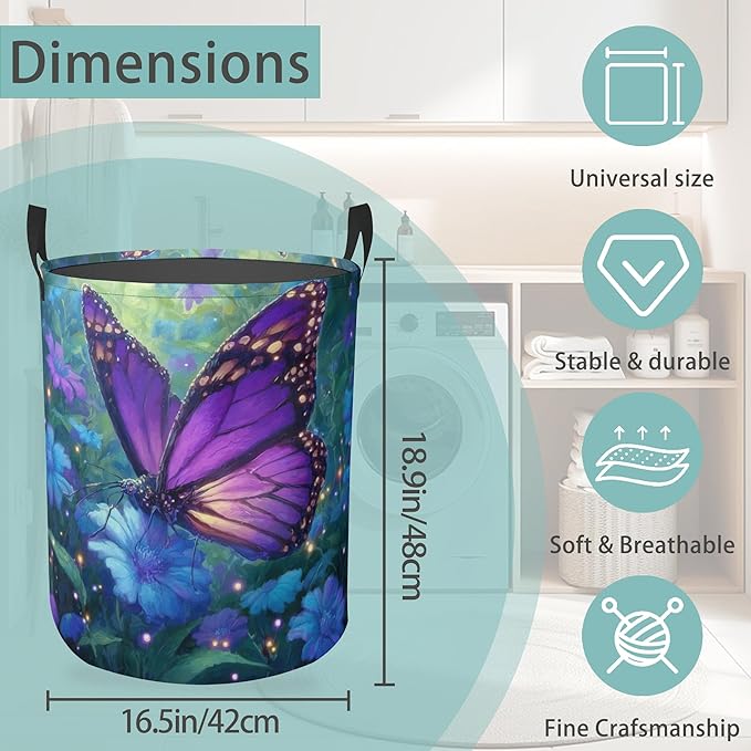 Laundry Hamper Foldable Oxford Cloth Purple Butterfly Flower Laundry Basket With Handle Portable Clothes Storage Organizer Basket Storage Bag For Laundry Room/Bedroom/Bathroom
