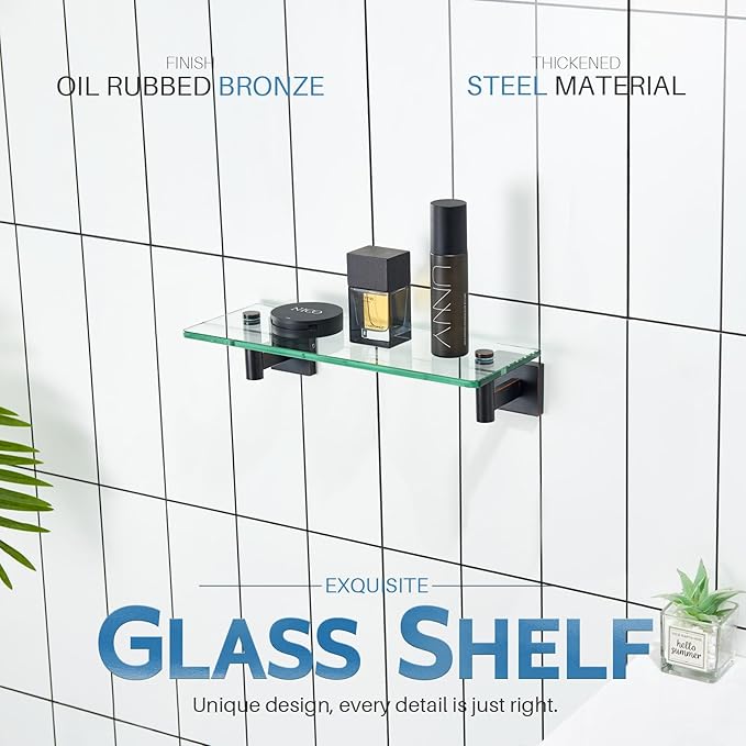 KOKOSIRI 12-Inch Bathroom Shelves Glass Floating Shelf Toilet Roll Holder Toilet Paper Holder Stainless Steel Oil Rubbed Bronze B1105ORB-L12+B2005ORB