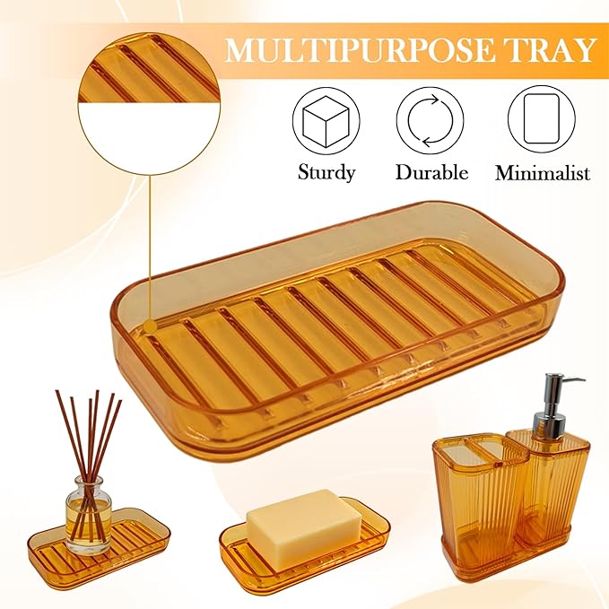 4 Pcs Bathroom Accessory Set Plastic Bathroom Organizer Kit with 13.5oz Soap Dispenser Toothbrush Holder Tumbler Vanity Tray Complete Countertop Bathroom Decor Set(Orange)