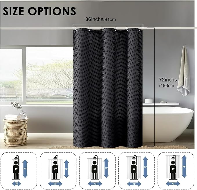 OVZME Small Stall Boho Shower Curtain for Bathroom, Black Half Size Textured Tufted Chevron Striped Cloth, Modern Minimalist Protect Privacy Bathroom Shower Curtain, 36Wx72L Inches