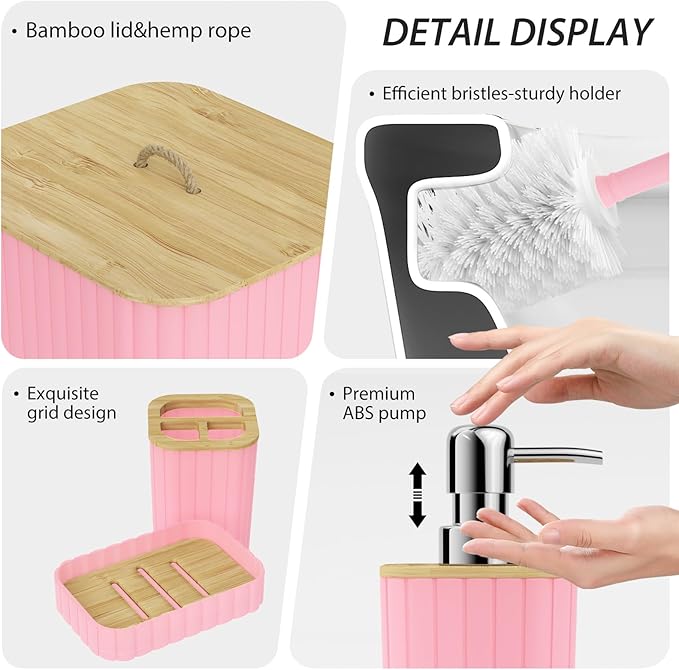 Bathroom Accessory Set - 25PC Bathroom Sets with Shower Curtain and Rugs, Pink Bathroom Set, Bathroom Accessories Set, Shower Curtain Sets with Rugs, Bathroom Trash Can & Soap Dispenser