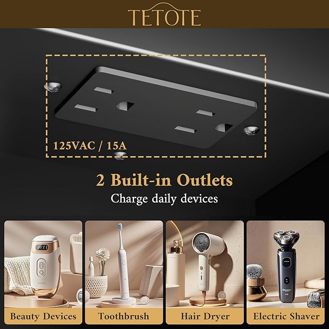 TETOTE 24 x 30 Black Led Lighted Medicine Cabinet Mirror with 3-Color Lights, Wall Mount or Recessed Cabinet Mirror for Bathroom with Storage, Tempered Glass, 2 Outlets, Anti-Fog, Adjustable Shelf
