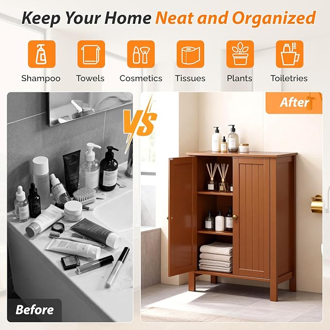 Bonnlo Free Standing Bathroom Storage Cabinet, Rustic Brown Floor Cabinet with Doors, Small Wooden Accent Sideboard Console for Entryway, Kitchen, Living Room Organization, 31.5" H