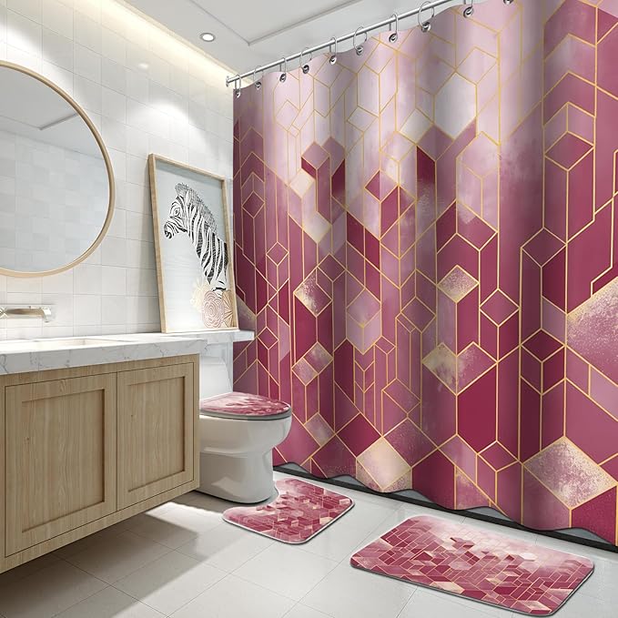Lnond 4Pcs Bathroom Sets with Shower Curtain and Rugs, Red Bathroom Shower Curtain Sets, Red Gradient Modern Bathroom Decor Sets with Rugs and Accessories
