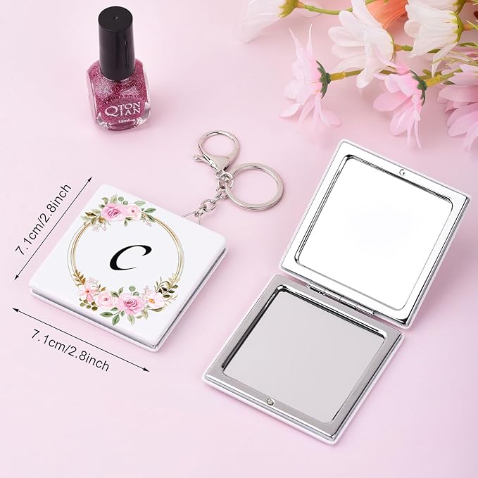 BAOSIWA Teen Girl Gifts Trendy Stuff, Cute Initial Compact Mirror Small Pocket Makeup Mirror with Keychain Travel Essentials for Gilrs (C)