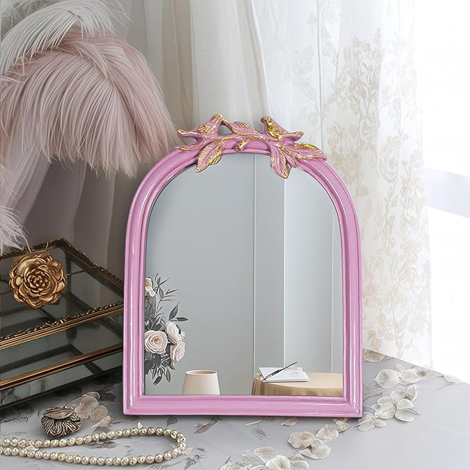 Pink Bird Bow Mirror - 13x10 Inch Perfect Elegant Decorative Accent, Wall-Mounted Tabletop Makeup Mirror for Nursery Baby Room Bedroom Decor