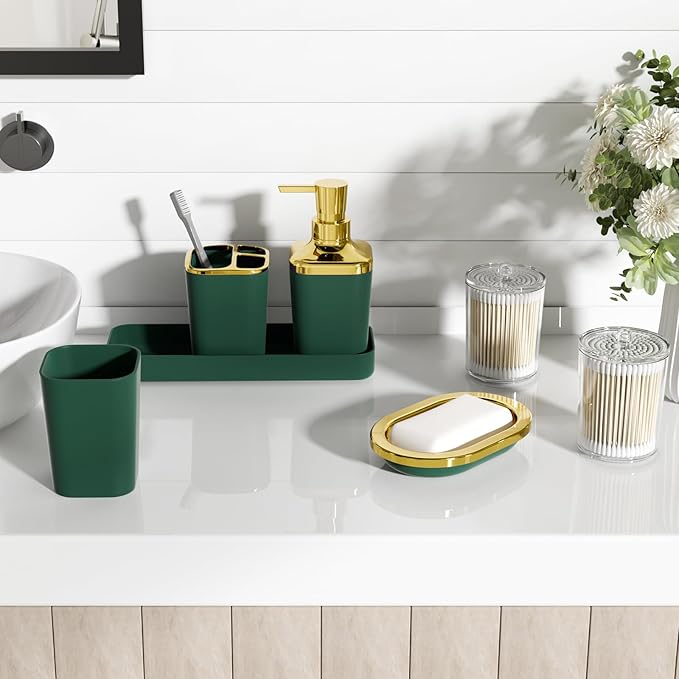 XLHOMO Bathroom Accessories Set, Green Bathroom Set, Dark Green Bathroom Accessory Set with Trash Can, Soap Dispenser, Soap Dish, Toothbrush Holder and Q-tip Holders