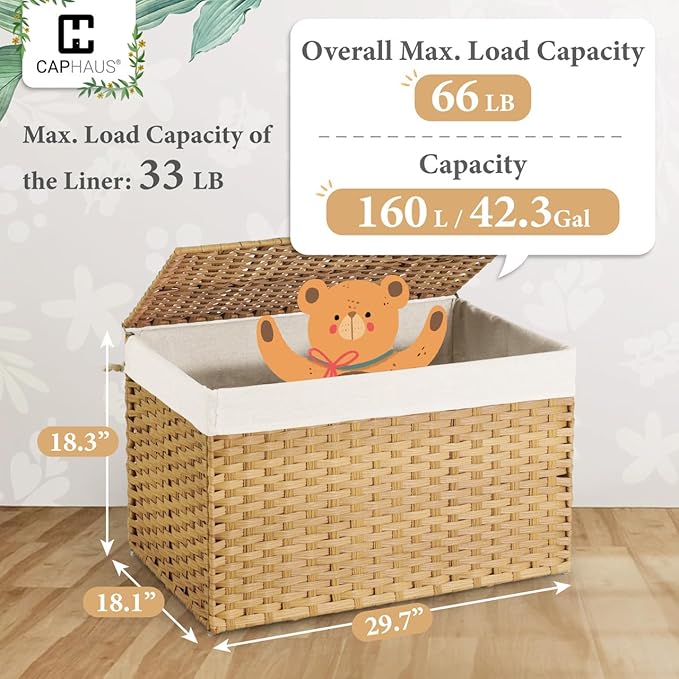 CAPHAUS Laundry Basket w/Lid, Synthetic Rattan Laundry Hamper w/Lid and Handles, 2 Removable Liner Bags, Foldable Clothes Hamper for Laundry, Large Storage Basket w/Lid, 160L, Natural