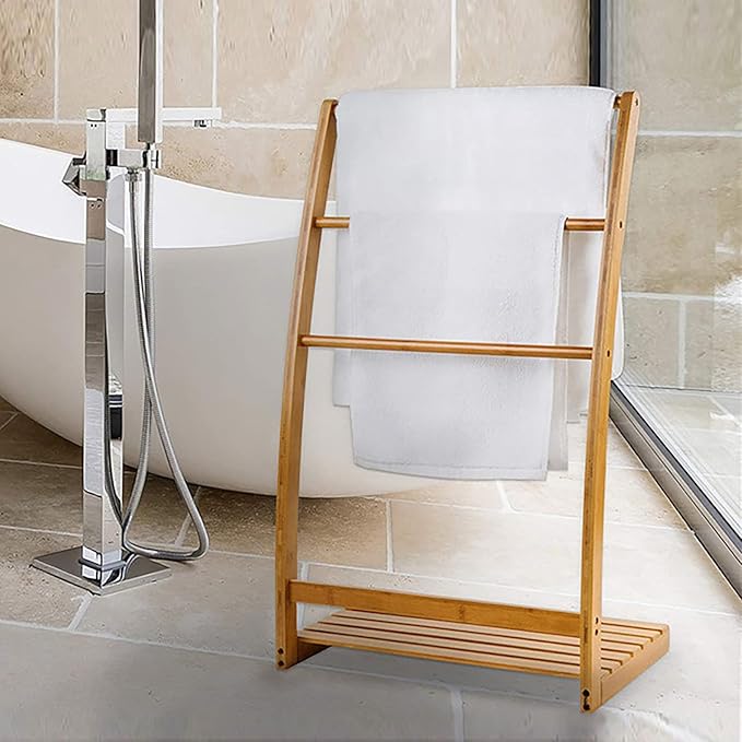 Vintage 33.27”H 3 Layer Bamboo Bathroom Towel Ladder Rack Holder, Freestanding Towel Hanging and Dry Rack Holder, Bath Towel Storage Organizer Shelf for Home Hotel Bathroom