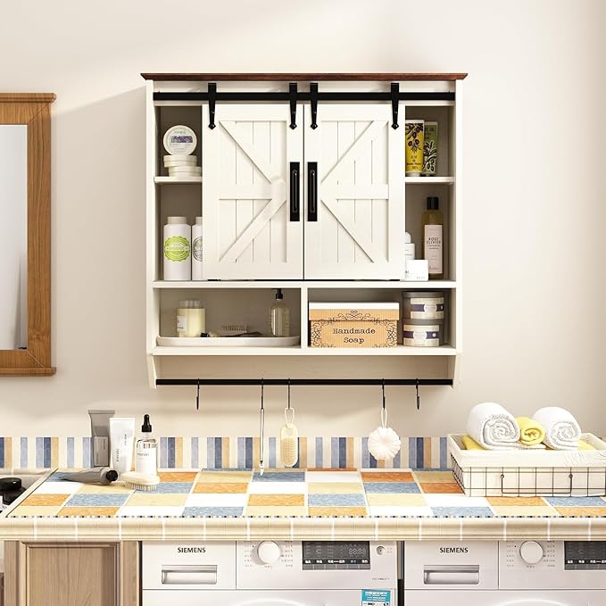 RUSTOWN Farmhouse Bathroom Wall Cabinet,3-Tier Rustic Wood Wall Mounted Cabinets,Vintage Medicine Cabinet with Sliding Barn Door and Adjustable Shelves,Over The Toilet Storage Cabinet (Vintage White)