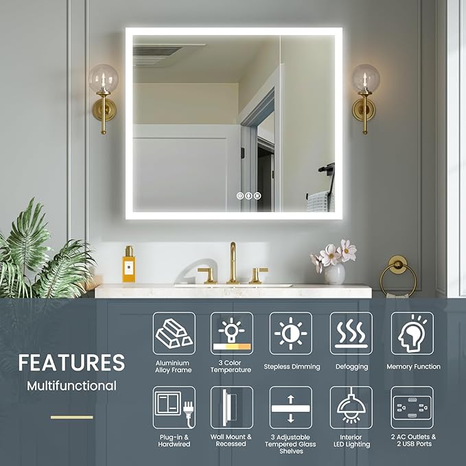 36x32 Inch Lighted Medicine Cabinet with Mirror, AL Alloy, Plug-in or Hardwired, Recessed or Wall Mount, Mirror Doors/3 Colors/Dimmable/Interior Sensor Light/Defog, 2 Outlets&USBs,3 Shelves
