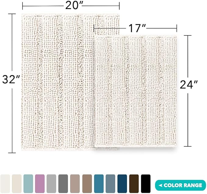Turquoize Chenille Bathroom Rugs Set Non-Slip Bath Mats Extra Soft and Absorbent Shaggy for Floor Indoor Mat Kitchen/Entryway (20" x 32" and 17" x 24"), Ivory