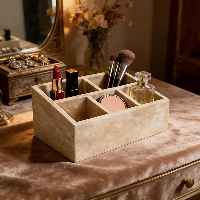 Marble Desk Organizer with 3 Compartments, White and Purple Pattern, Modern Design (Beige-pro)