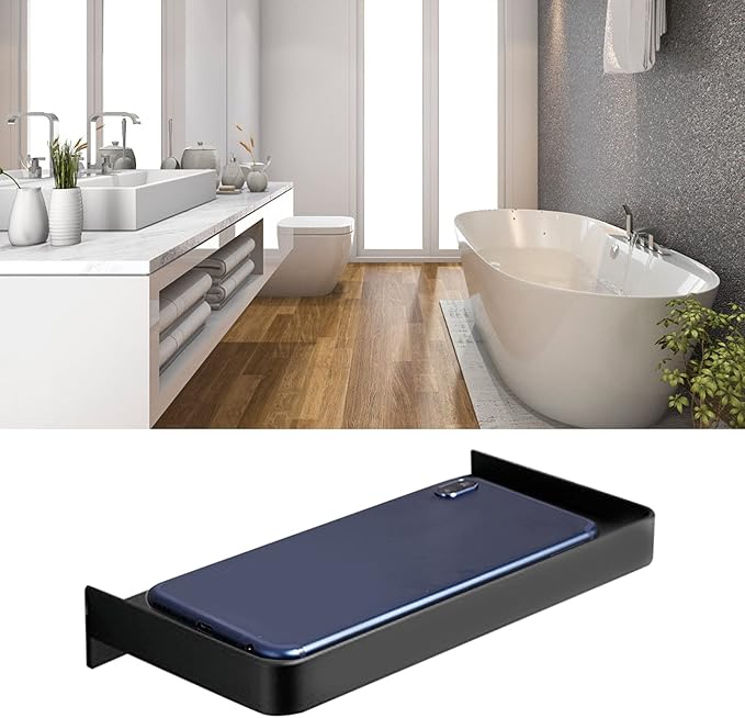 TOPINCN Toilet Phone Shelf, Floating Wall Shelves Wall Mounted Thick Phone Holder, Stainless Steel Multifunctional Storage Shelf for Bathroom, Toilet, Kitchen (Black)