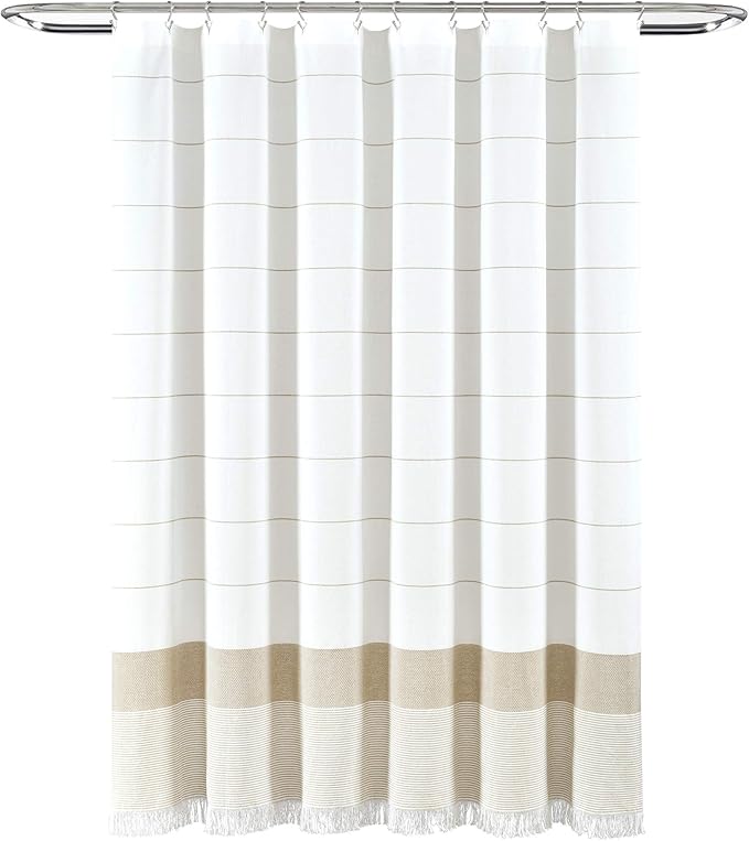 Lush Decor White Woven Cotton Shower Curtain with Taupe Stripe and Tassel Fringe, Bathroom Accessories (72" x 72")