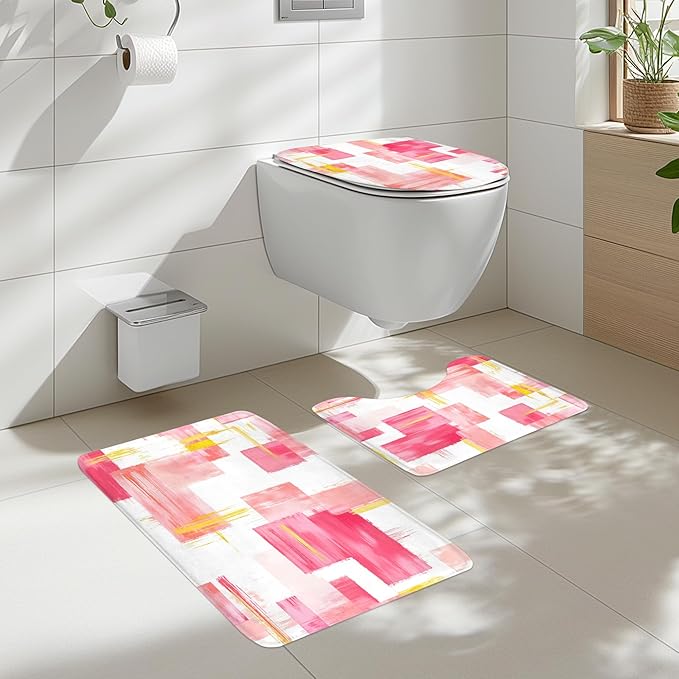 Cinbloo 4Pcs Pink Gold Shower Curtain Set, Modern Abstract Girls Girly Ombre Blush Oil Painting Bathroom Curtain with Rug, Toilet Lid Cover, Bath Mat, Geometry Minimalist Shower Curtain with 12 Hooks