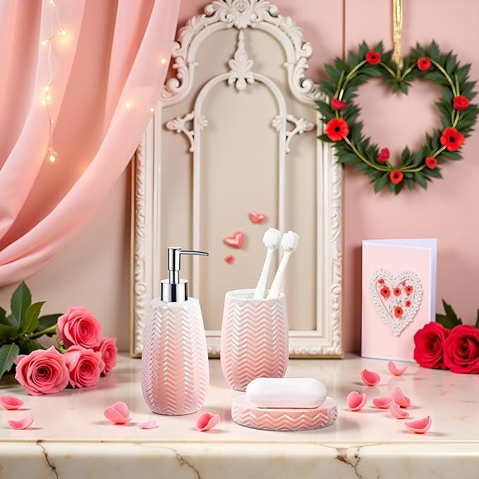 Bathroom Accessories Set, 3 Pcs Pink Ceramic Bathroom Accessories Sets Complete/Lotion Soap Dispenser, Toothbrush Holder, Soap Dish, Bathroom Decor, Gift for Home Apartment