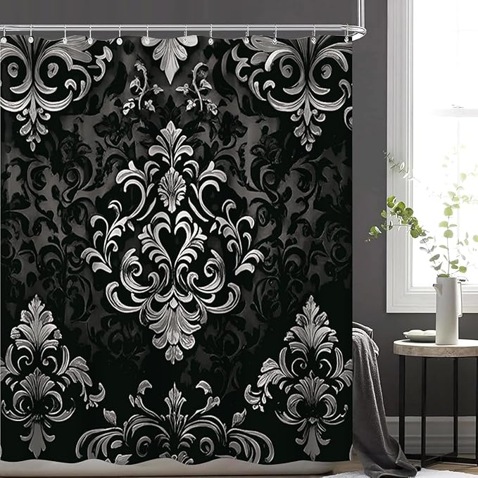 NBVKO 4Pcs Luxury Damascus White Flower Pattern Shower Curtain Set with 12 Hooks Non-Slip Rugs,Toilet Lid Cover and Bath Mat,Dark Gold Bathroom Decor for Hotel & Home Bathroom