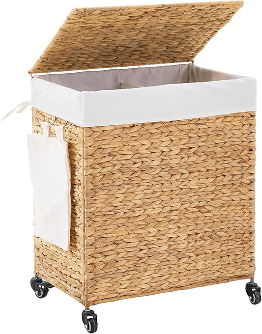Handwoven Hamper with Lid, Laundry Basket with Wheels, Machine Washable Liner, 2 Section Clothes Hamper for Bathroom Laundry Room Bedroom(Natural, 125L)