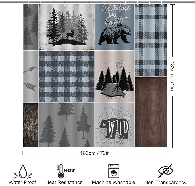 Rustic Bear Deer Shower Curtain Sets with Rugs 4 Piece Accessories Bathroom Curtains Shower Set Include Shower Curtain Non-Slip Rug Toilet Lid Cover Bath Mat One Size