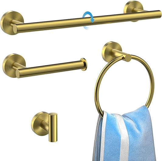 Brushed Gold 4 Piece SUS304 Stainless Steel Bathroom Accessories Set, 24 Inch Towel Bar Set, Round Bathroom Accessories Kit Wall Mounted, Minimalist Design for All Styles Bathrooms (Gold)
