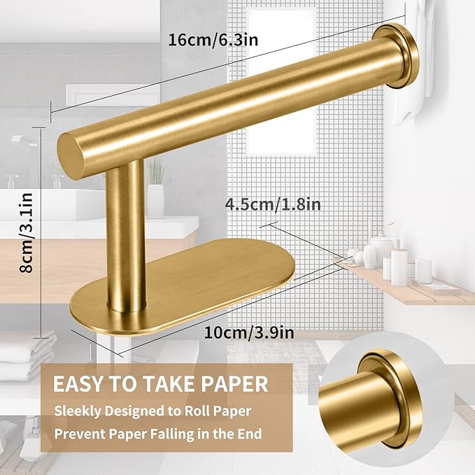 LAYUKI Toilet Paper Holder,Gold,Wall Mount, Upgraded Adhesive Toilet Roll Holder,no Drilling,Bathroom/Rv/Washroom,SUS 304 Stainless Steel,Rustproof (Gold, 1 Piece)