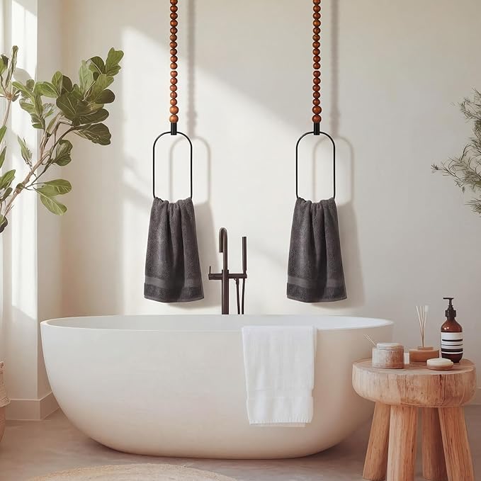 LemonRoad 2 Pcs Boho Towel Ring Holder Rustic Wooden Bead Hand Towel Holder Wall Mounted Bathroom Accessories Farmhouse Decor for Bathroom Wall 22 Inch
