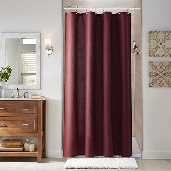 Naturoom Burgundy 48 Inch Shower Curtain - Stall Narrow Half Linen Ultra Thick Fabric Shower Curtain Set with Hooks, Boho Farmhouse Rustic RV Camper Bath Curtains for Bathroom, 48x72