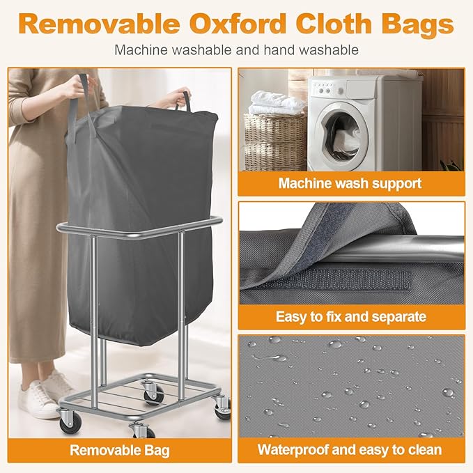Hodonas Laundry Basket with Wheels, Rolling Laundry Hamper, 46 Gallons (170L), Removable and Machine Washable Liner, Steel Frame, Large Laundry Cart for Laundry Room, Bedroom, Bathroom, Dorm - Grey