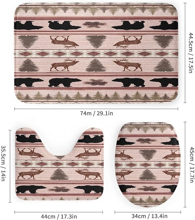 Black Bear Deer Tribal 4 Piece Shower Curtain Sets, Non-Slip Rugs, Toilet Lid Cover and Bath Mat, Durable and Waterproof, for Bathroom Decor Set One Size